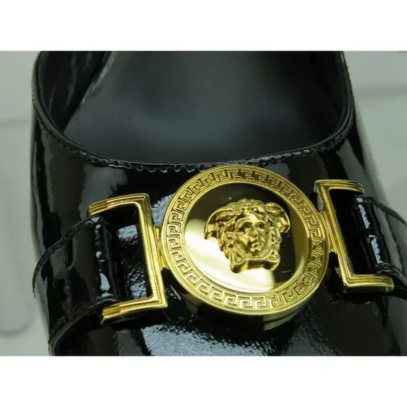 NIB VERSACE BLACK PATENT LEATHER GOLD MEDUSA LOGO SANDALS HEEL PUMPS 37.5 7.5